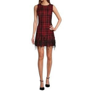 ANTONIO MELANI Irine Tweed Feather Sleeveless Sheath Dress Red Black Size 4 NWT